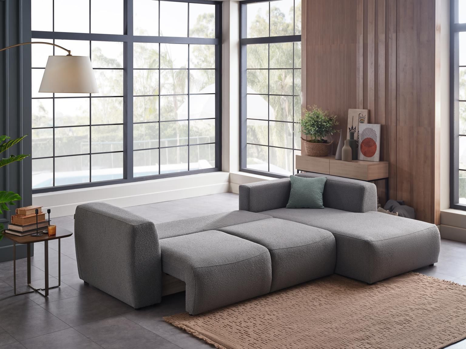 OVERSIZE SLEEPER SECTIONAL GRAY BUCKLE FABRIC 120X71
