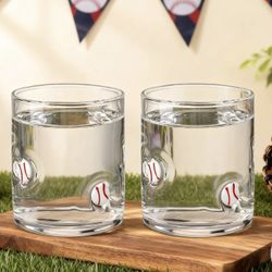 4 Pack Baseball Icon Glass Cups 14oz Icon Juice Glasses Double Old Fashioned Hand Blown Stemless Wine Glasses Reusable Drinking Cup for Birthday Sport