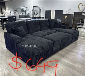 Black Jumbo Corduroy Sectional Sofa With pullout bed and large storage