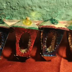 Vtg Mexican Folk Art Punched Tin Metal Painted Ornaments 