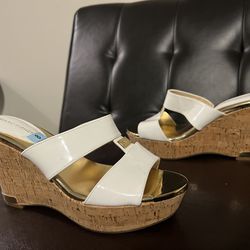Marc Fisher white patent leather and gold wedges size 8M