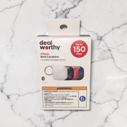 DealWorthy 4 Pack Item Locators Compatible With Apple Find My Bluetooth Trackers New In Box. The item in the image is a 4-pack of dealworthy Item Loca