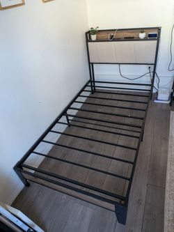Twin Metal Bed Frame with Storage Headboard