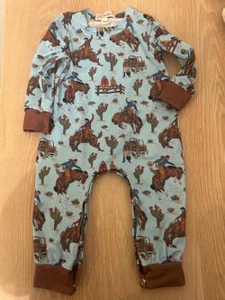 Clover Cottage Apparel baby romper 6-12M western cowboy horse rodeo blue