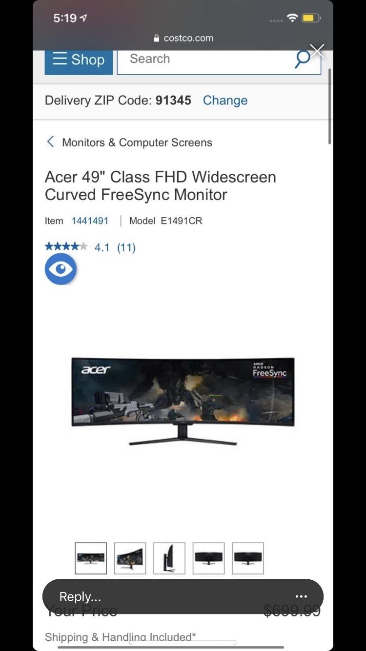 Acer 49” Fhd Curved Widescreen Monitor