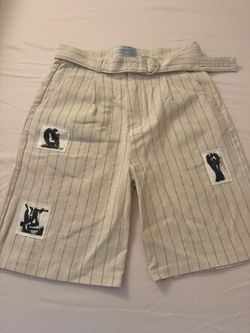 Cream Pinstripe Shorts with Patches