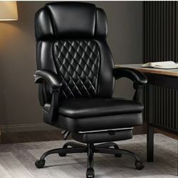 Executive Office Chair with Foot Rest for Heavy People, Ergonomic Big and Tall Desk Chair with Adjustable Headrest, High Back PU Leather Comfy Heavy D