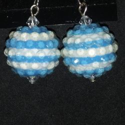 Handcrafted Aqua White Stripe Round Ball Bead Dangle Earrings Silver 

New Condition!!

**Bundle and save with combined shipping**


