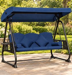 3 Seat Patio Swing Chair with Canopy,Outdoor Porch Swing with Thick Cushions,Adjustable Sunshade,Side Trays & Pillows,Heavy Duty Metal Frame for Patio