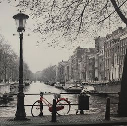 Framed Black And White Photo With Red Bicycle