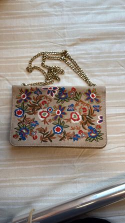 Aldo AFERIDIA Beige Suede Floral Embroidered Gold Chein Crossbody Purse