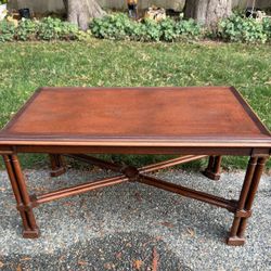 Vintage Mahogany Faux Bamboo Wood with Leather Inlay Coffee Table