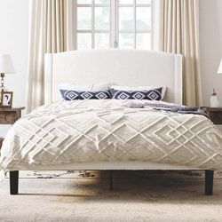 B979 $130  Queen Bed Frame with Soft Teddy Fabric, Boucle Upholstered Platform Bed, Curved Headboard Design, Wooden Slats Support, Noise-Free, No Box 