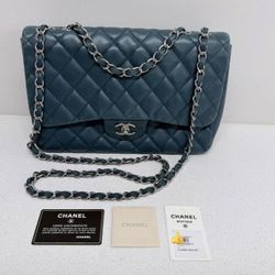 Chanel 09A Teal Lambskin Jumbo Classic Double Flap Silver HW Authentic w/ Card
