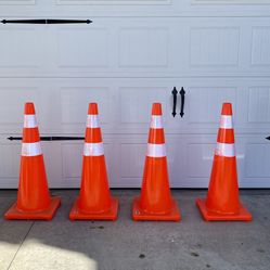 Set of Four (4) Large 3 Feet Tall Traffic Orange Reflective Cones Safety Construction Parking Road Hazard Emergency