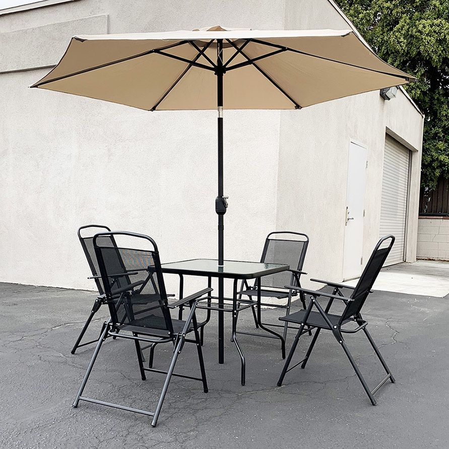 (Brand New) $135 Outdoor 6pcs Patio Set with 32x32” Table, 4pc Folding Chairs and 10ft Tilt Umbrella 