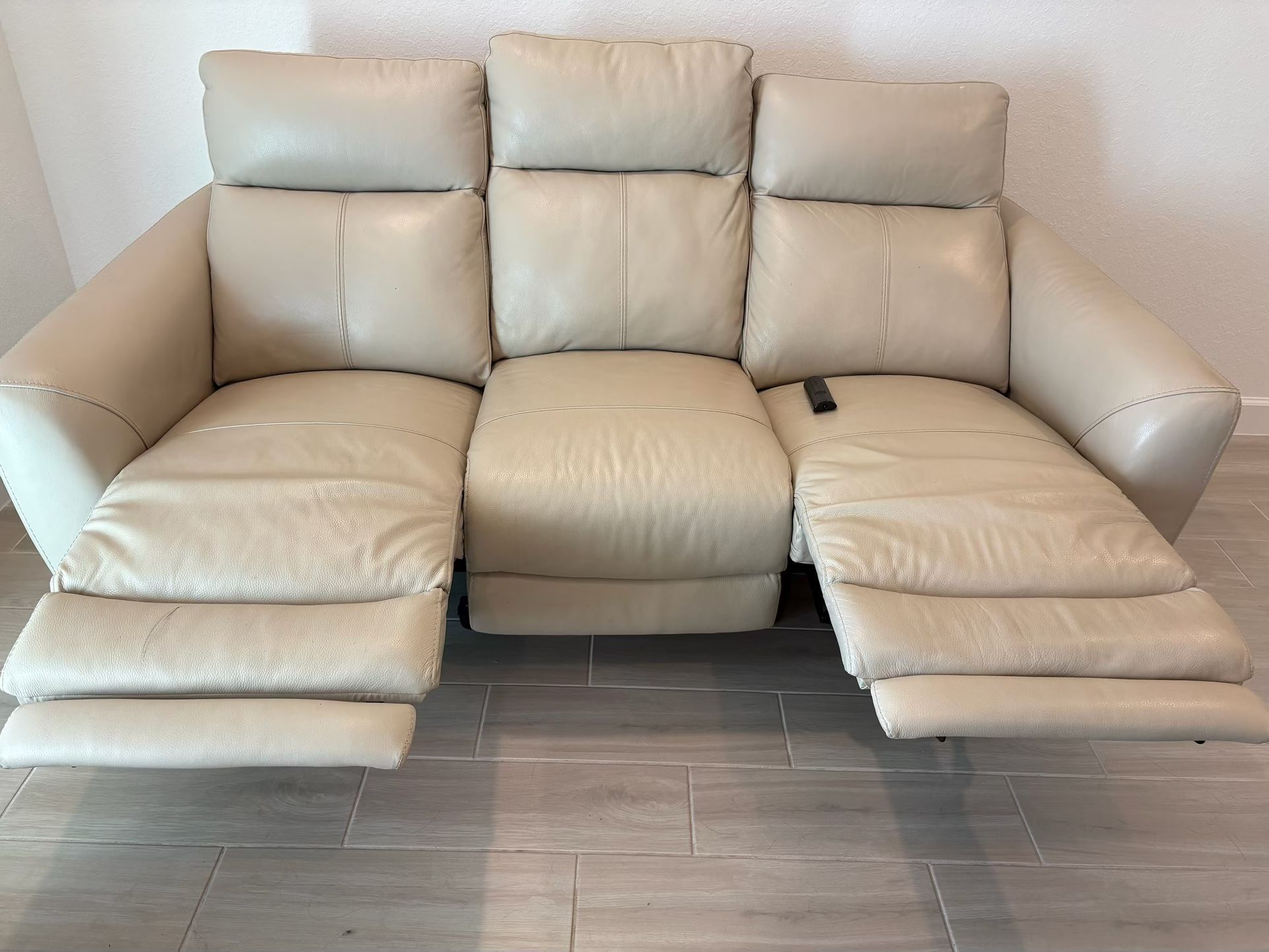 Beige Leather Electric Recliner 3-Person Sofa