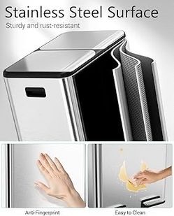B318 $65  Kitchen Dual Trash Can, 60L Hands-Free Stainless Steel Garbage Can, Classified Rubbish Bin with Double Compartments, Soft-Close Lid, Inner B