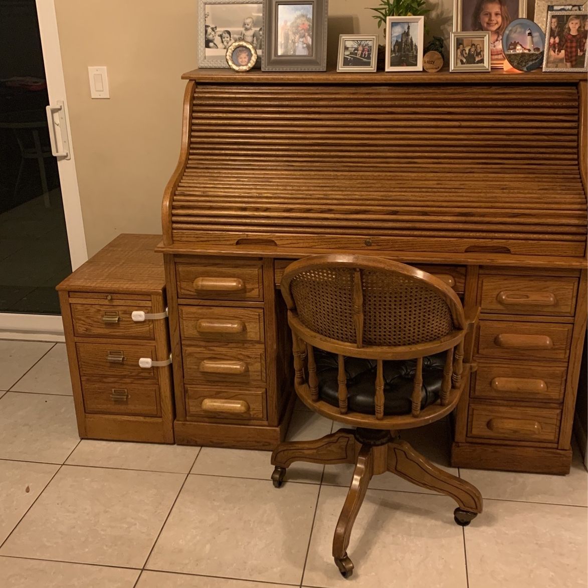 National Mt. Airy Roll Top Desk W/ Side Cabinet, Rolling Chair