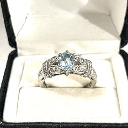 Brand New, One Of A Kind Oval Shaped Aquamarine & (4) Cz Diamonds Set In A Sterling Silver Promise Ring. Size 9.