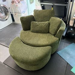 Green Rotating Plush Cush Chair And Storage Ottoman