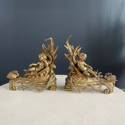 Pair of French Antique Cast Brass Belle Epoque Style Andirons, c.1,920’s
- Delivery Available
