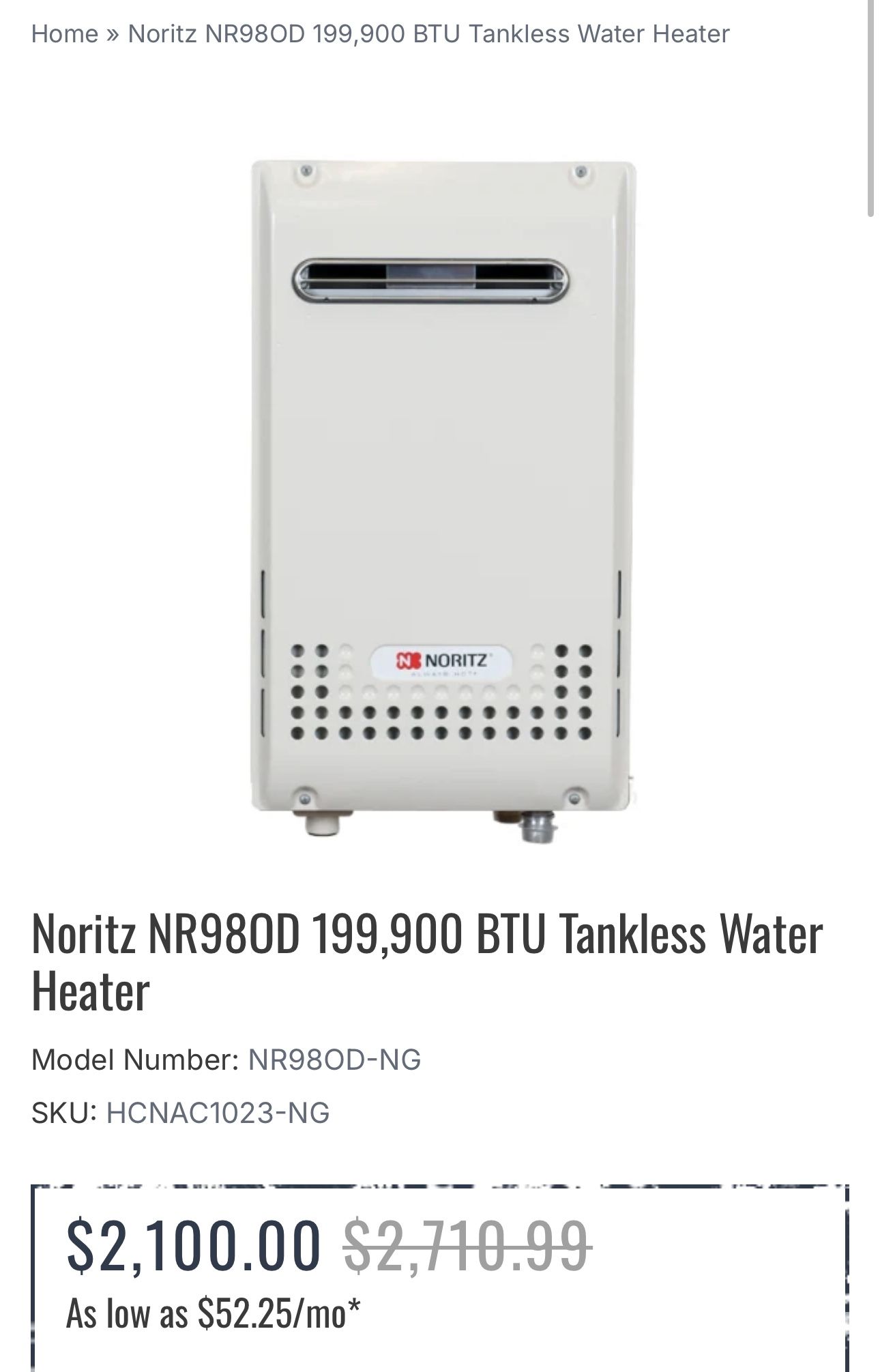 Noritz NR98OD 199,900 BTU Tankless Water Heater
