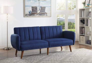MID CENTURY MODERN BLUE LINEN FUTON SOFA BED / SILLON CAMA AZUL