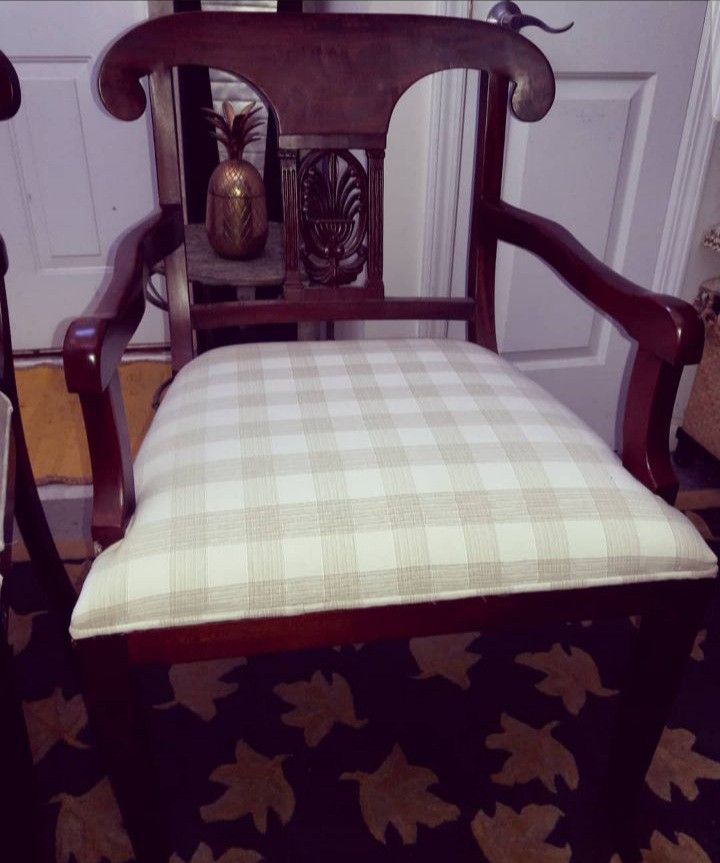 Pair of Mahagony Armchairs w/ Carved Backs & Deep Upholstered Seats / Estate Sale Finds