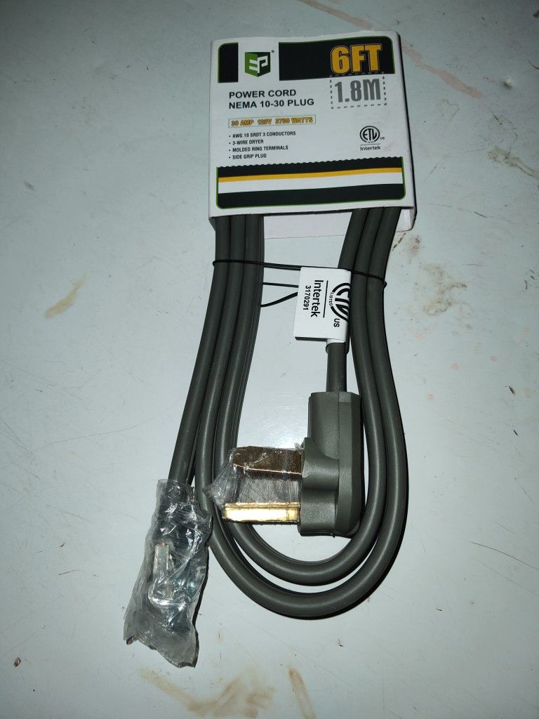 Power Cord, 3 Prong For Dryer, 6 Feet