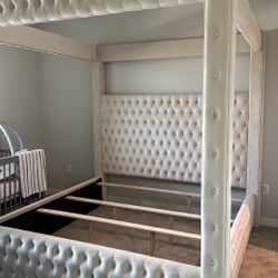 Ivory Canopy Bed Frame Button Tufted 87” Tall Foundation Needed Brand New In Box Firm Price Queen $599 Eastern King $640