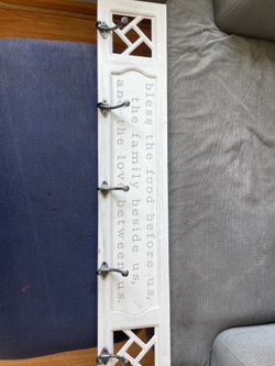 Farmhouse White Distressed Wall Coat Rack with 5 Metal Hooks Bless the Food Before Us Sign