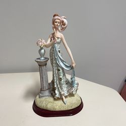  VINTAGE G. ARMANI STYLE FIGURINE “LADY WITG FEN” Wood Base, H -13.5”