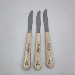 3 Pfaltzgraff Tea Rose Plastic Stainless Floral Dinner Knives Taiwan 9"