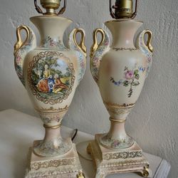 Vintage Urn Style Lamps Beckwith China Porcelain Hand Painted Set Of 2 Romantic Victorian Decor