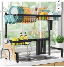 Over The Sink Dish Drying Rack - Adjustable 2 Tier Large Capacity Stainless Steel Drainer with Cutlery & Utensil Holders, Kitchen Storage & Organizati