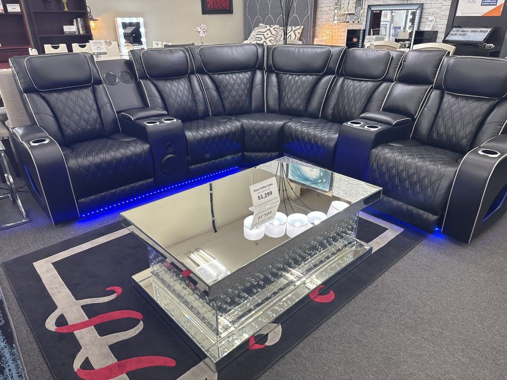 Black Sectional Sofa with Power Recliners, LED Lighting, Massage, and Bluetooth Speakers