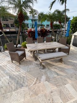 Great price! Table, 5 chairs and bench. 84.”x42”