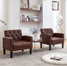 Accent Chair Set of 2, Mid-Century Modern Leather Tufted Armchairs for Living Room and Office, Brown