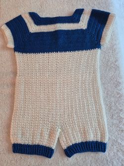 Handmade Crochet Baby Boy Romper, Navy and White