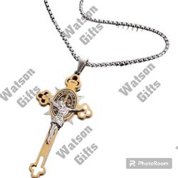 St. Benedict Jesus Crucifix Titanium Necklace Unisex Metal 