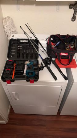 Compact drill set and two fishing poles.