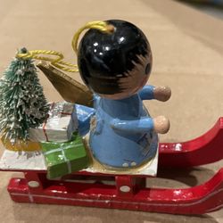 Vintage Wood Angel on Sled Christmas Ornament 2" Blue Dress Gold Wings Taiwan