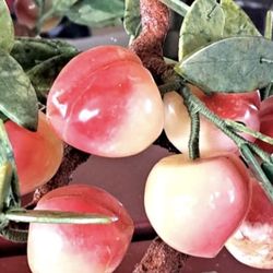 Three Chinese Carved Gemstone Peach Tree Vibrant Colors Jade  Bonsai Lucky Flowers Tree