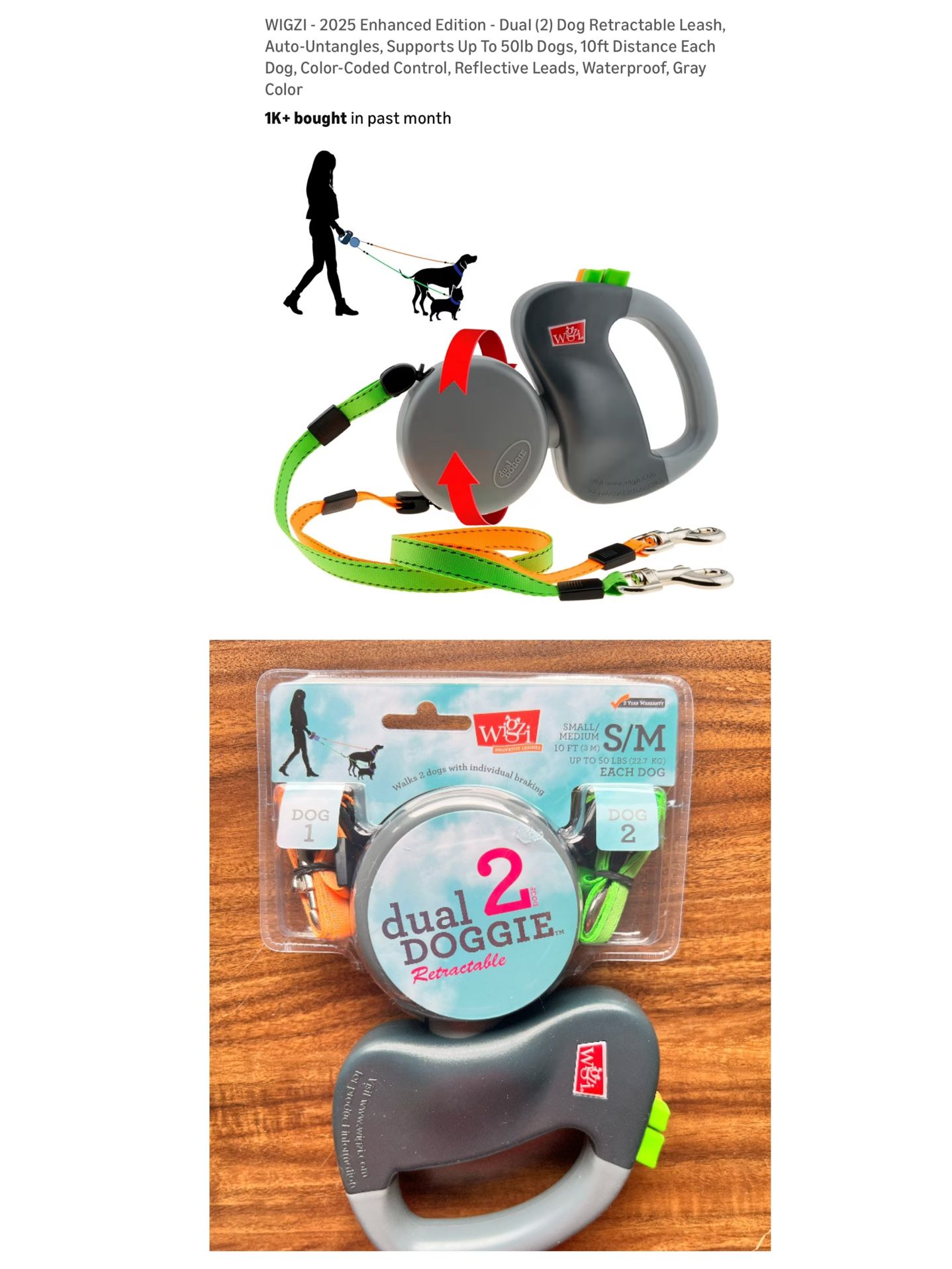 Dual (2) Dog Retractable Leash, Auto-Untangles, Supports Up To 50lb Dogs, 10ft Distance Each Dog