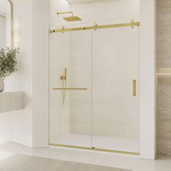 Brushed Gold Frameless Shower Door with Flat Bar Stabilizer, 56-60" W x 76" H, 1/4” 6mm Tempered Glass