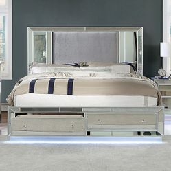 Queen Size Bed Frame Belladona Glam Silver Headboard w/ Mirror Accents LED Light