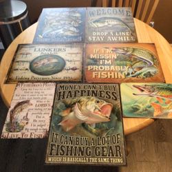 8-TIN FISHING SIGNS 6-LARGE 2- SMALL (NEW) 
