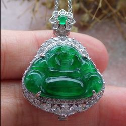 Certificate Sterling Silver 925 Jadeite Jade Hand Carved Grade A Natural Green Buddha pendant