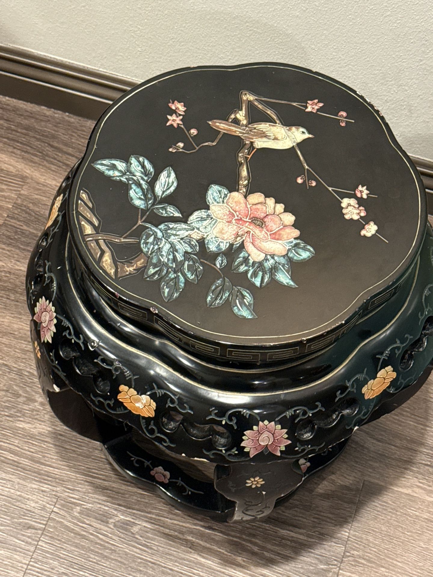 20th Century Lacquered Carved Drum Table